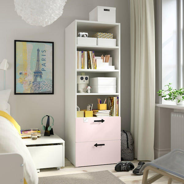 SMÅSTAD / PLATSA - Bookcase, white pale pink/with 2 drawers, 60x57x181 cm