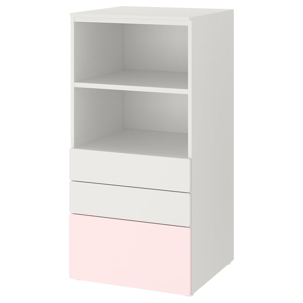 SMÅSTAD / PLATSA - Bookcase, white pale pink/with 3 drawers, 60x57x123 cm