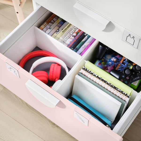 SMÅSTAD / PLATSA - Bookcase, white pale pink/with 3 drawers, 60x57x123 cm