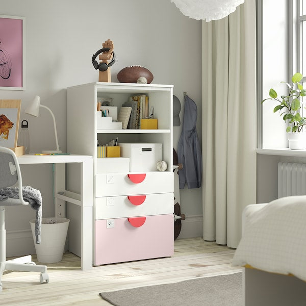 SMÅSTAD / PLATSA - Bookcase, white pale pink/with 3 drawers, 60x57x123 cm