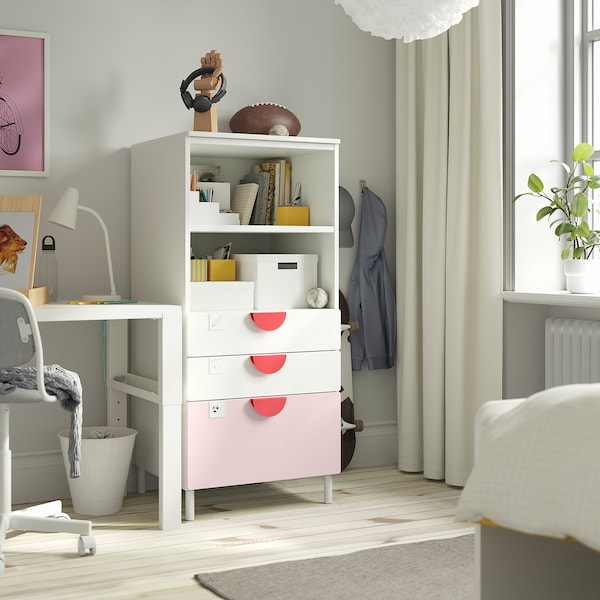 SMÅSTAD / PLATSA - Bookcase, white pale pink/with 3 drawers, 60x57x123 cm