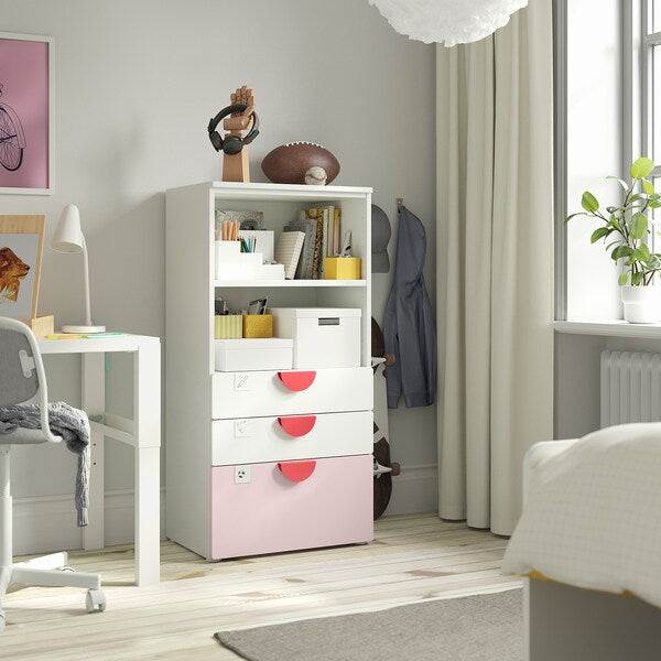 SMÅSTAD / PLATSA - Bookcase, white pale pink/with 3 drawers, 60x42x123 cm