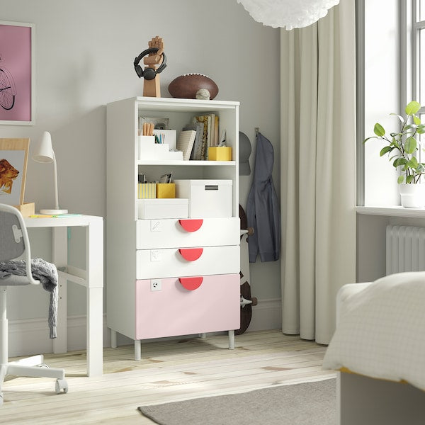 SMÅSTAD / PLATSA - Bookcase, white pale pink/with 3 drawers, 60x42x123 cm