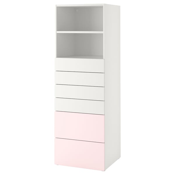 SMÅSTAD / PLATSA bookcase, white pale pink/with 6 drawers, 60x57x181 cm