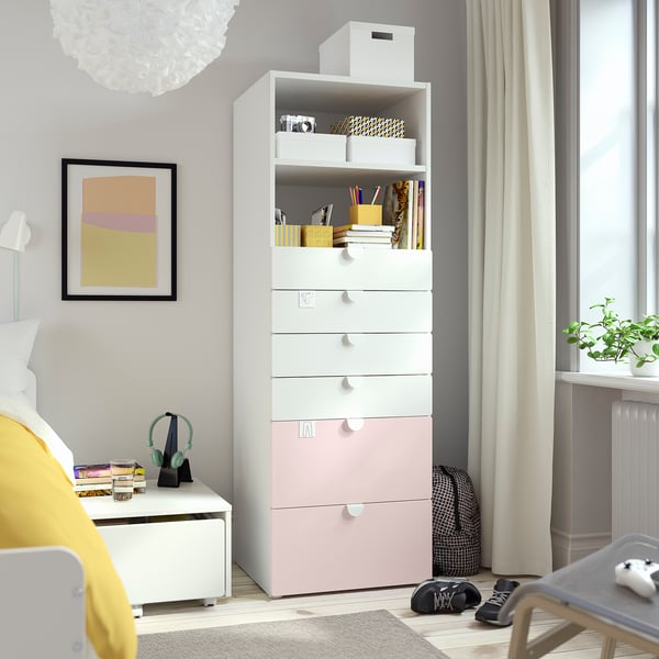 SMÅSTAD / PLATSA bookcase, white pale pink/with 6 drawers, 60x57x181 cm