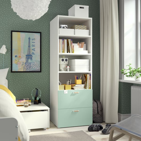 SMÅSTAD / PLATSA bookcase, white light green/with 2 drawers, 60x57x181 cm