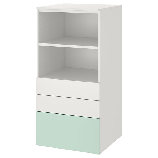SMÅSTAD / PLATSA bookcase, white light green/with 3 drawers, 60x57x123 cm