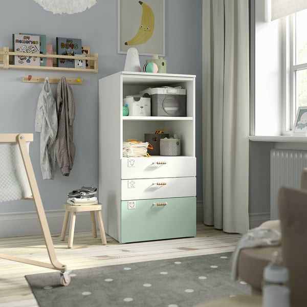 SMÅSTAD / PLATSA bookcase, white light green/with 3 drawers, 60x57x123 cm
