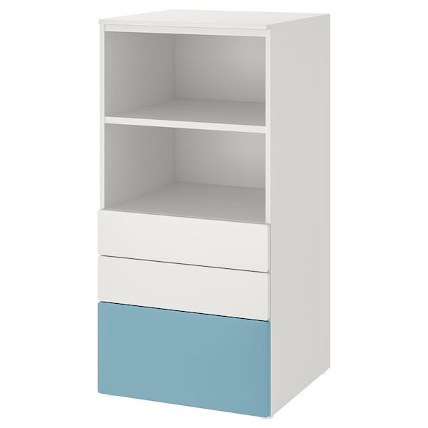 SMÅSTAD / PLATSA - Bookcase, white blue/with 3 drawers, 60x57x123 cm