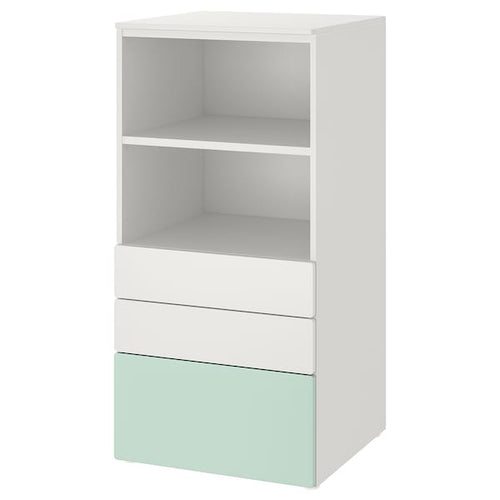 SMÅSTAD / PLATSA - Bookcase, white light green/with 3 drawers, 60x57x123 cm