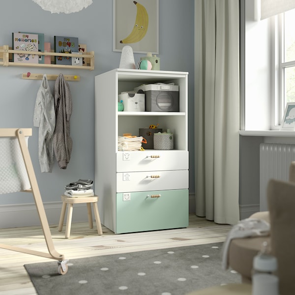 SMÅSTAD / PLATSA - Bookcase, white light green/with 3 drawers, 60x57x123 cm