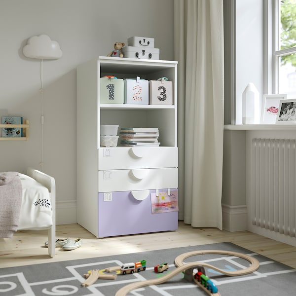 SMÅSTAD / PLATSA - Bookcase, white lilac/with 3 drawers, 60x57x123 cm