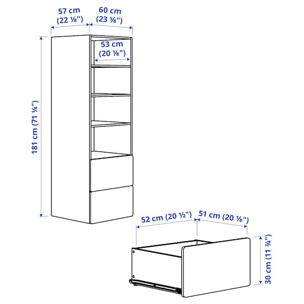 SMÅSTAD / PLATSA - Bookcase, white blue/with 2 drawers, 60x57x181 cm