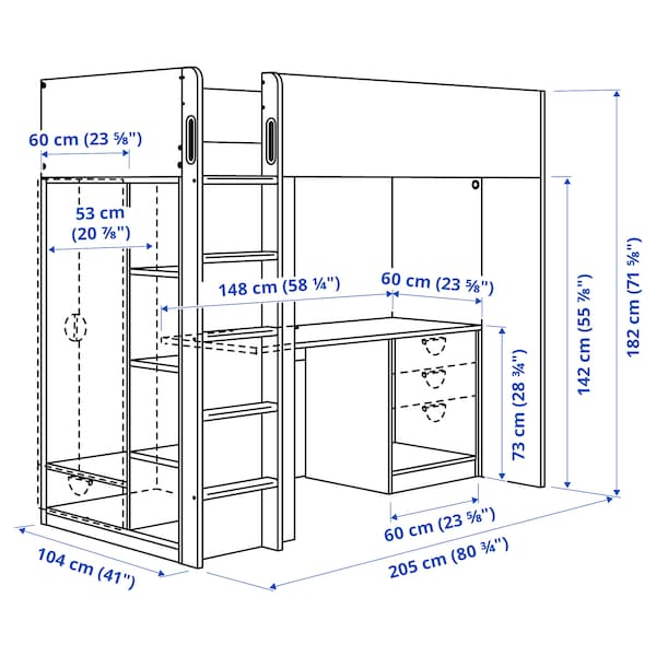 SMÅSTAD - Loft bed frame w desk and storage, white, 90x200 cm