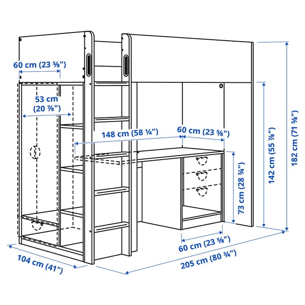 SMÅSTAD loft bed frame w desk and storage, white, 90x200 cm
