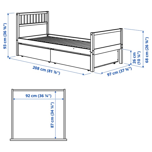 SMYGA bed frame with storage, light grey, 90x200 cm