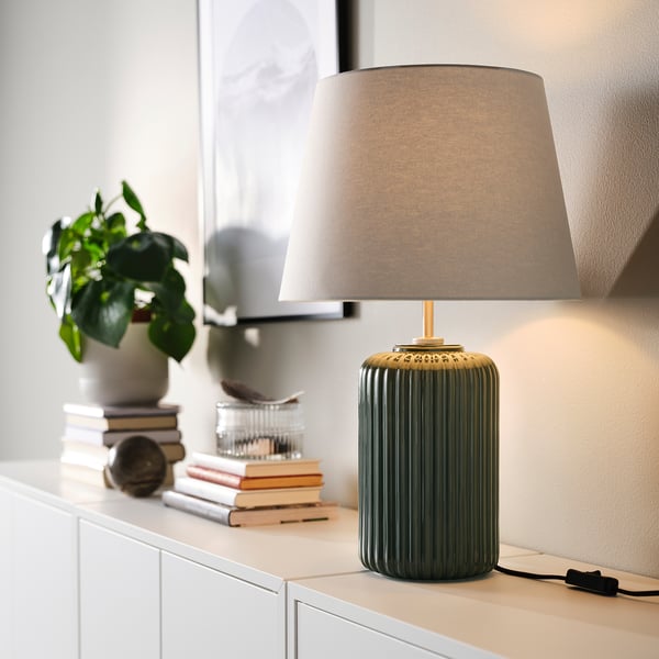 SNÖBYAR table lamp, grey-turquoise ceramic/grey, 52 cm