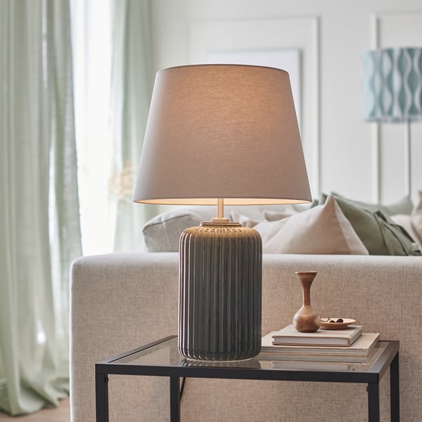 SNÖBYAR table lamp, grey-turquoise ceramic/grey, 52 cm