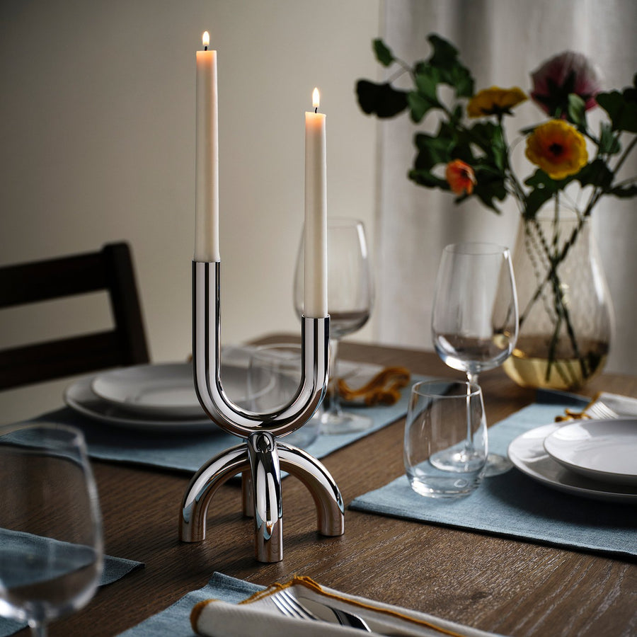 SNÖDUVA candlestick, for 2 candles silver-colour, 25 cm