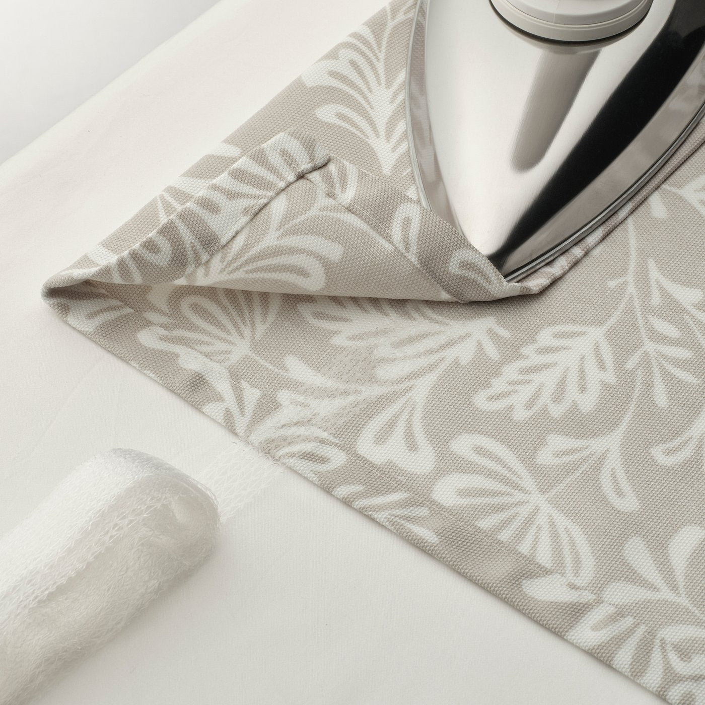 SNÖRUTA curtains, 1 pair, light grey-beige white/floral pattern with heading tape, 300x145 cm