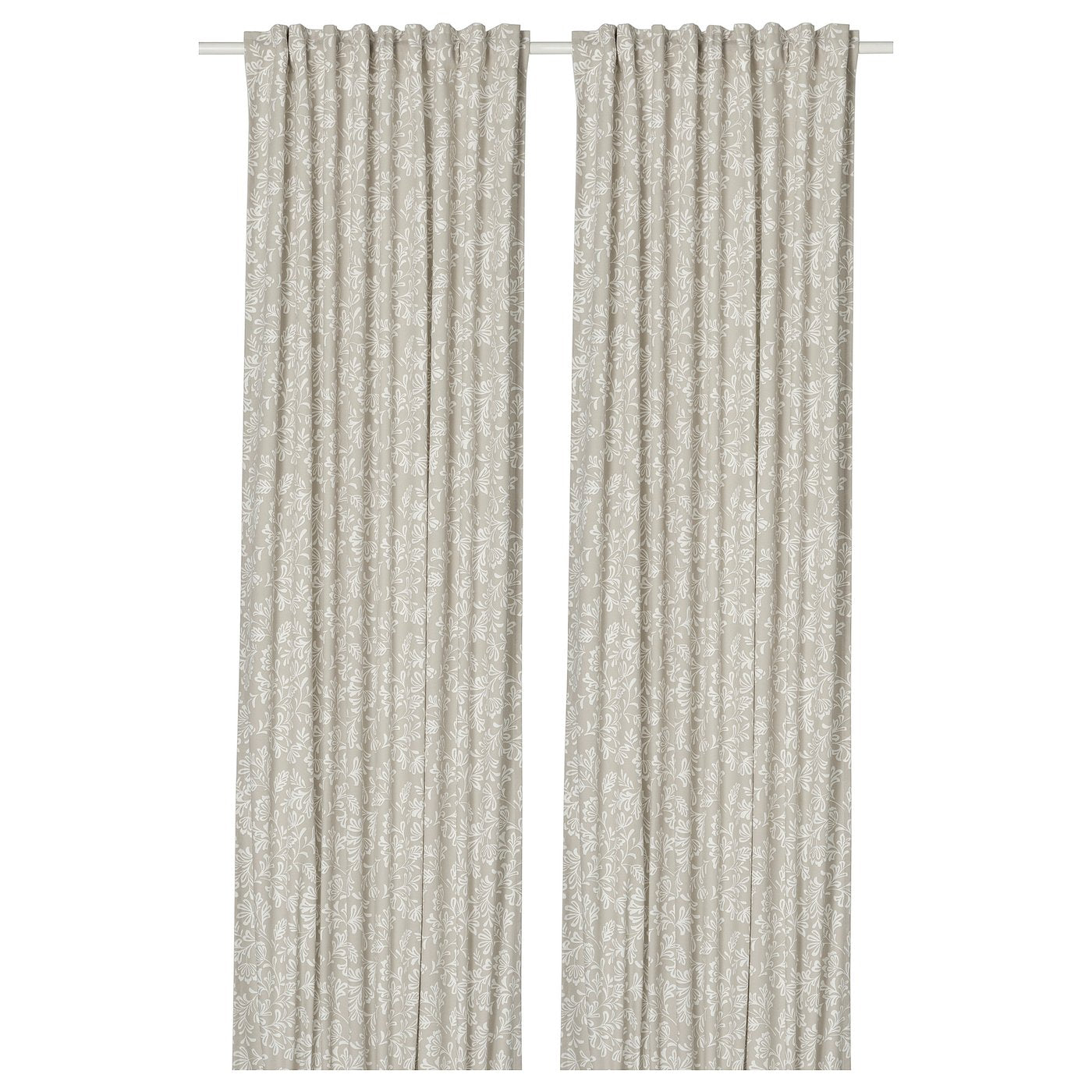 SNÖRUTA curtains, 1 pair, light grey-beige white/floral pattern with heading tape, 145x300 cm