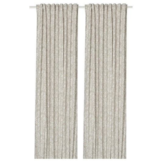 SNÖRUTA curtains, 1 pair, light grey-beige white/floral pattern with heading tape, 300x145 cm