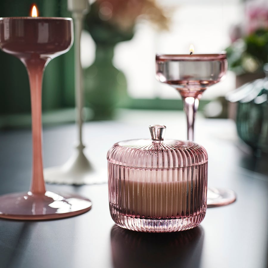 SNÖSISKA scented candle/glass w lid/2 wicks, Tonka and orange blossom pale pink, 20 hr