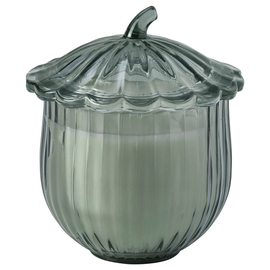 SNÖSISKA scented candle in glass with lid, Cinnamon and warm wood dark grey-green, 40 hr