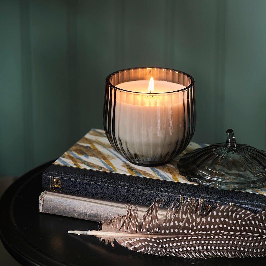SNÖSISKA scented candle in glass with lid, Cinnamon and warm wood dark grey-green, 40 hr