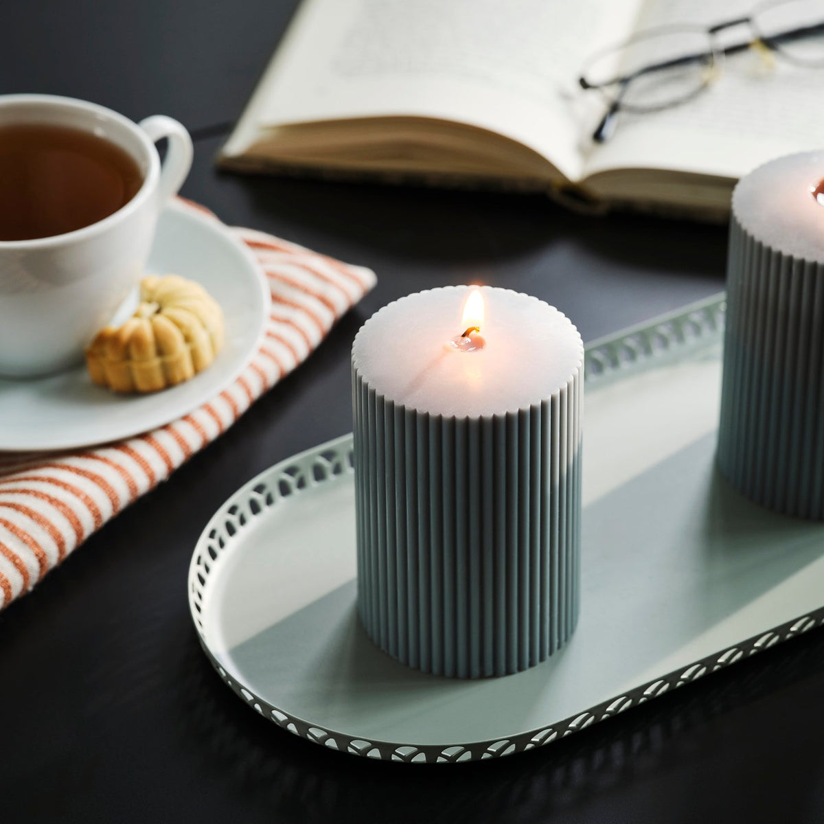 SNÖSISKA unscented pillar candle, dark grey-green, 10 cm