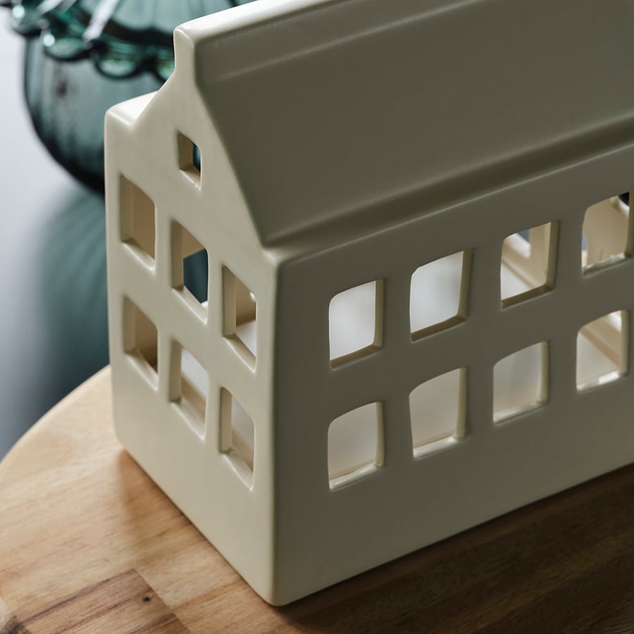 SNÖSISKA LED table decoration, battery-operated house/ceramic white, 16 cm
