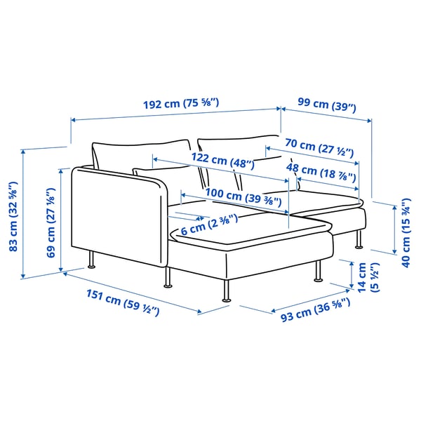 SÖDERHAMN 2-seat sofa, with chaise longue with armrest/Hillared anthracite, 192 cm