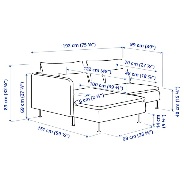 Ikea SÖDERHAMN - 2-seater sofa with chaise-longue and armrest/Hillared dark blue ,