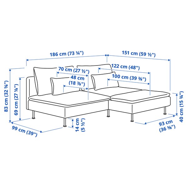 SÖDERHAMN - 2-seater sofa with chaise-longue, Kelinge grey-turquoise