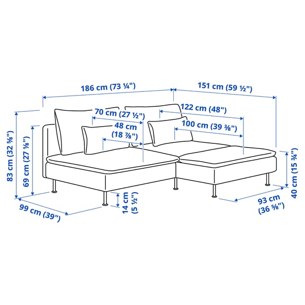 SÖDERHAMN 2-seat sofa with chaise longue, Kelinge rust, 186 cm
