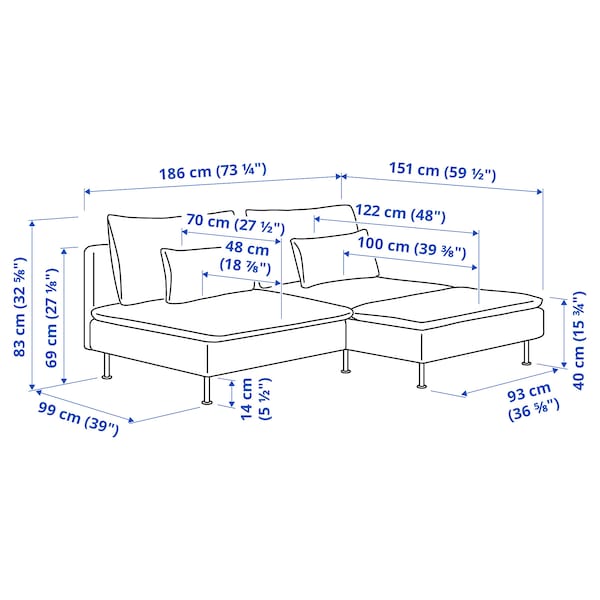 Ikea SÖDERHAMN 2 seater sofa - with beige/brown chaise-longue/Viarp ,