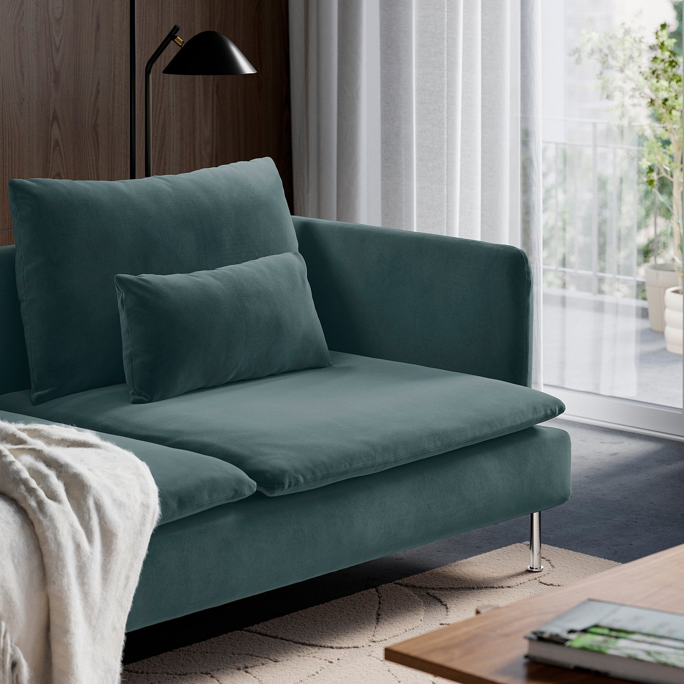 SÖDERHAMN 3-seat sofa, with open end/Alhamn dark grey-blue, 192 cm