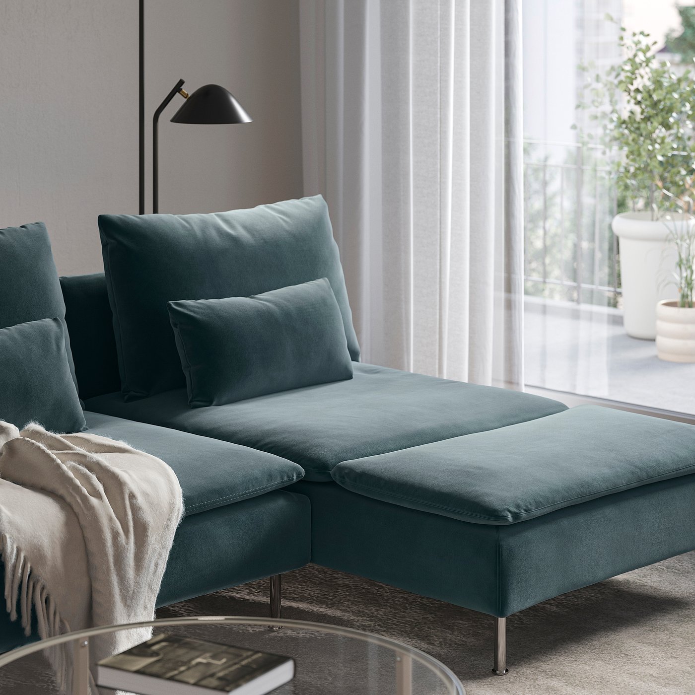 SÖDERHAMN 4-seat sofa with chaise longue, and open end/Alhamn dark grey-blue, 285 cm