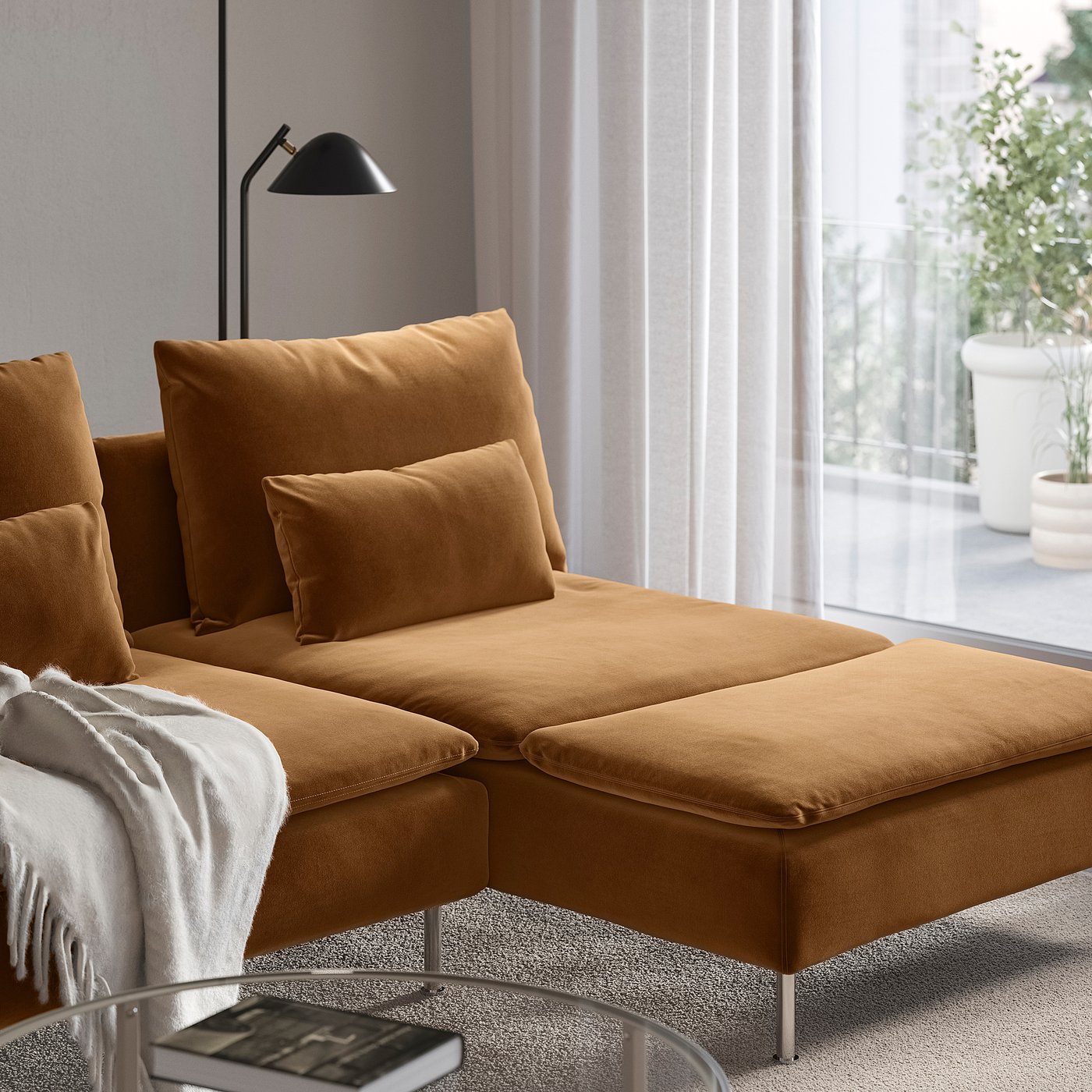 SÖDERHAMN 4-seat sofa with chaise longue, and open end/Alhamn dark yellow-brown, 285 cm