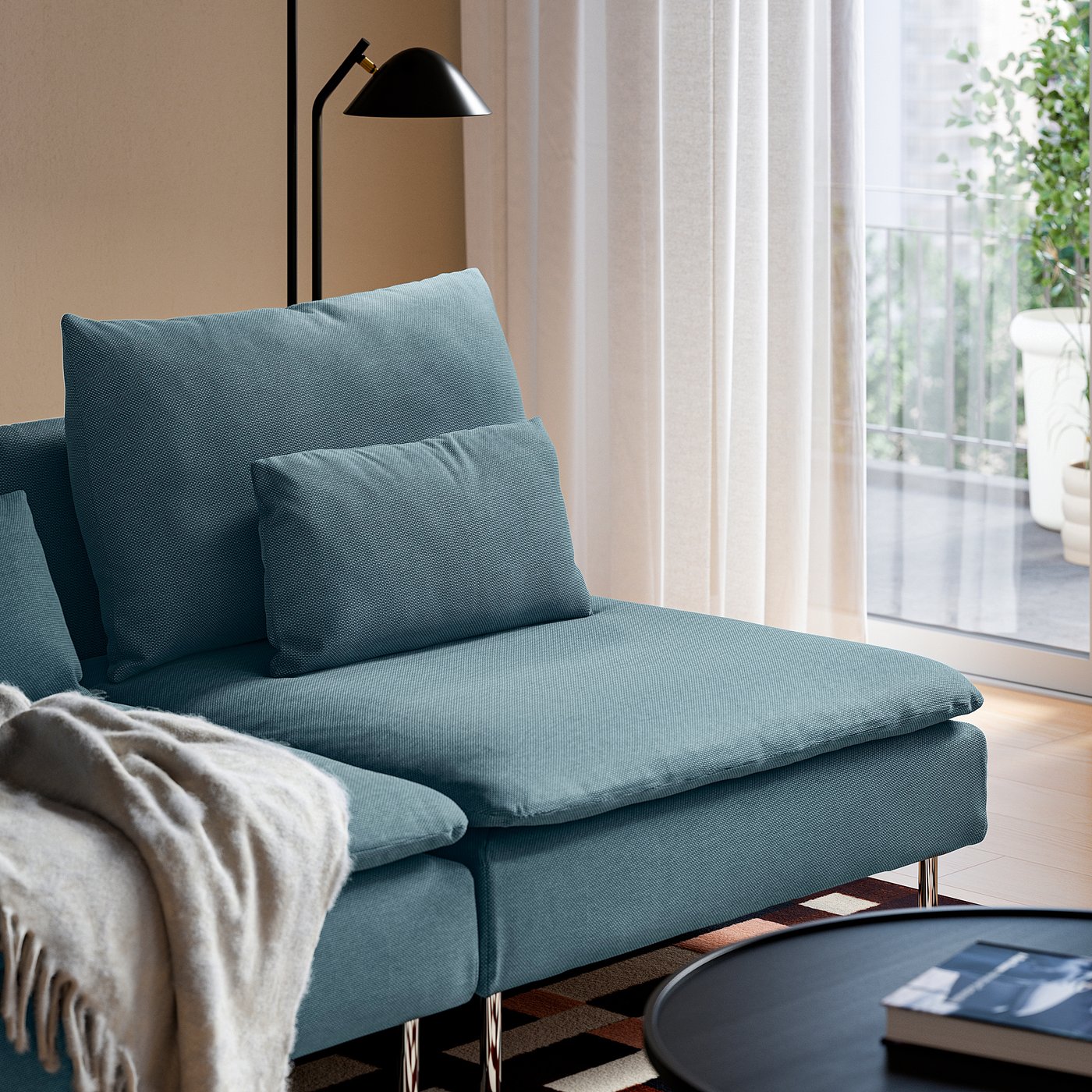SÖDERHAMN 4-seat sofa with chaise longue, and open end/Fridtuna dark grey-blue, 285 cm