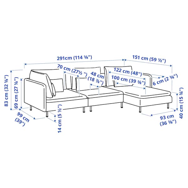 Ikea SÖDERHAMN - 4-seater sofa with chaise-longue, Gunnared beige