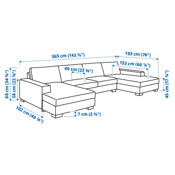 SÖRVALLEN 4-seat sofa with chaise longues, Viarp beige/brown, 365x88 cm