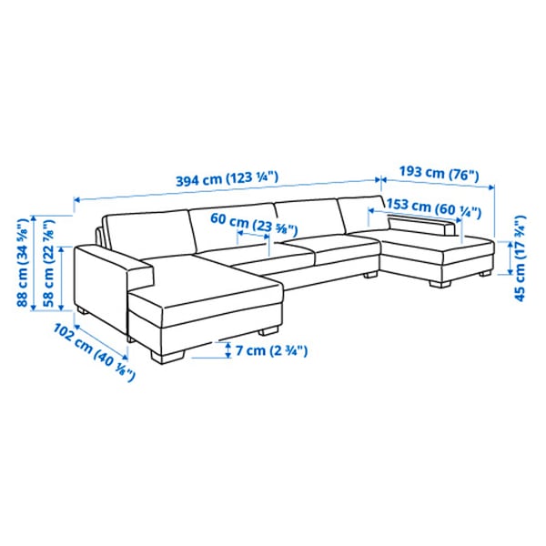 SÖRVALLEN 5-seat sofa, with chaise longues/Lejde grey/black, 394x88 cm