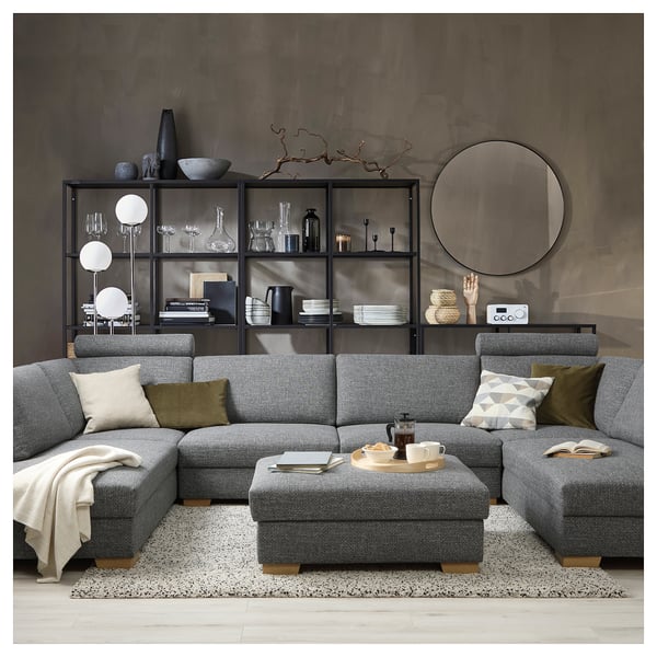 SÖRVALLEN u-shaped sofa, 5-seat, with open ends/Lejde grey/black