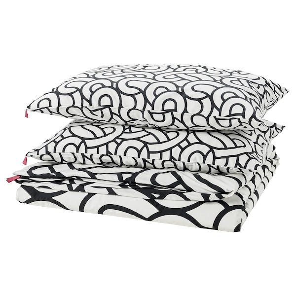 SÖTRÖNN - Duvet cover and 2 pillowcases, white/black/patterned, 240x220/50x80 cm