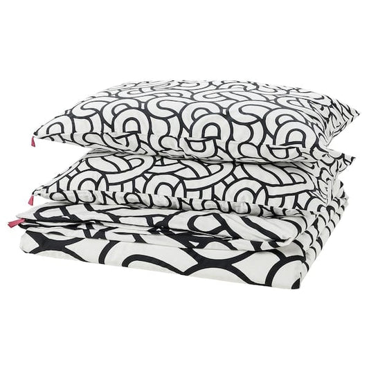 Ikea SÖTRÖNN - Duvet cover and 2 pillowcases, white/black/patterned, 240x220/50x80 cm