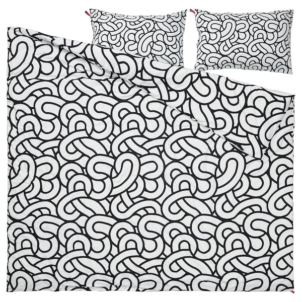 SÖTRÖNN - Duvet cover and 2 pillowcases, white/black/patterned, 240x220/50x80 cm