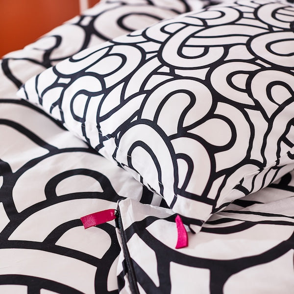 SÖTRÖNN - Duvet cover and 2 pillowcases, white/black/patterned, 240x220/50x80 cm