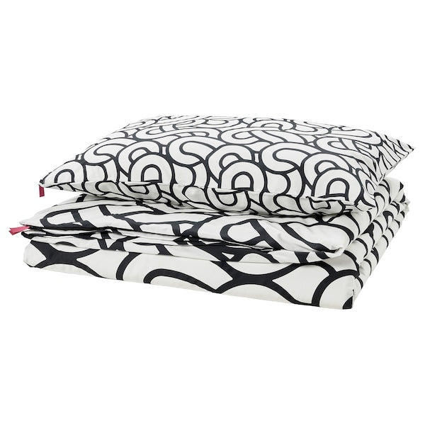 SÖTRÖNN - Duvet cover and pillowcase, white/black/patterned, 150x200/50x80 cm