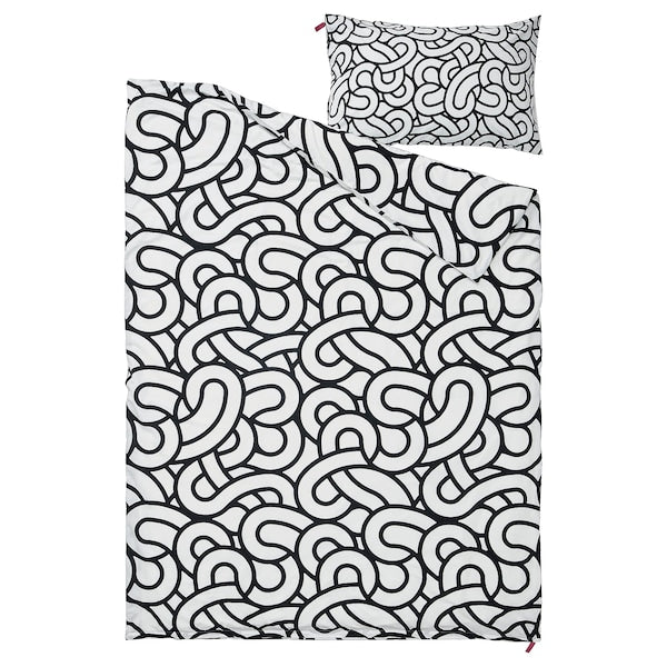 SÖTRÖNN - Duvet cover and pillowcase, white/black/patterned, 150x200/50x80 cm